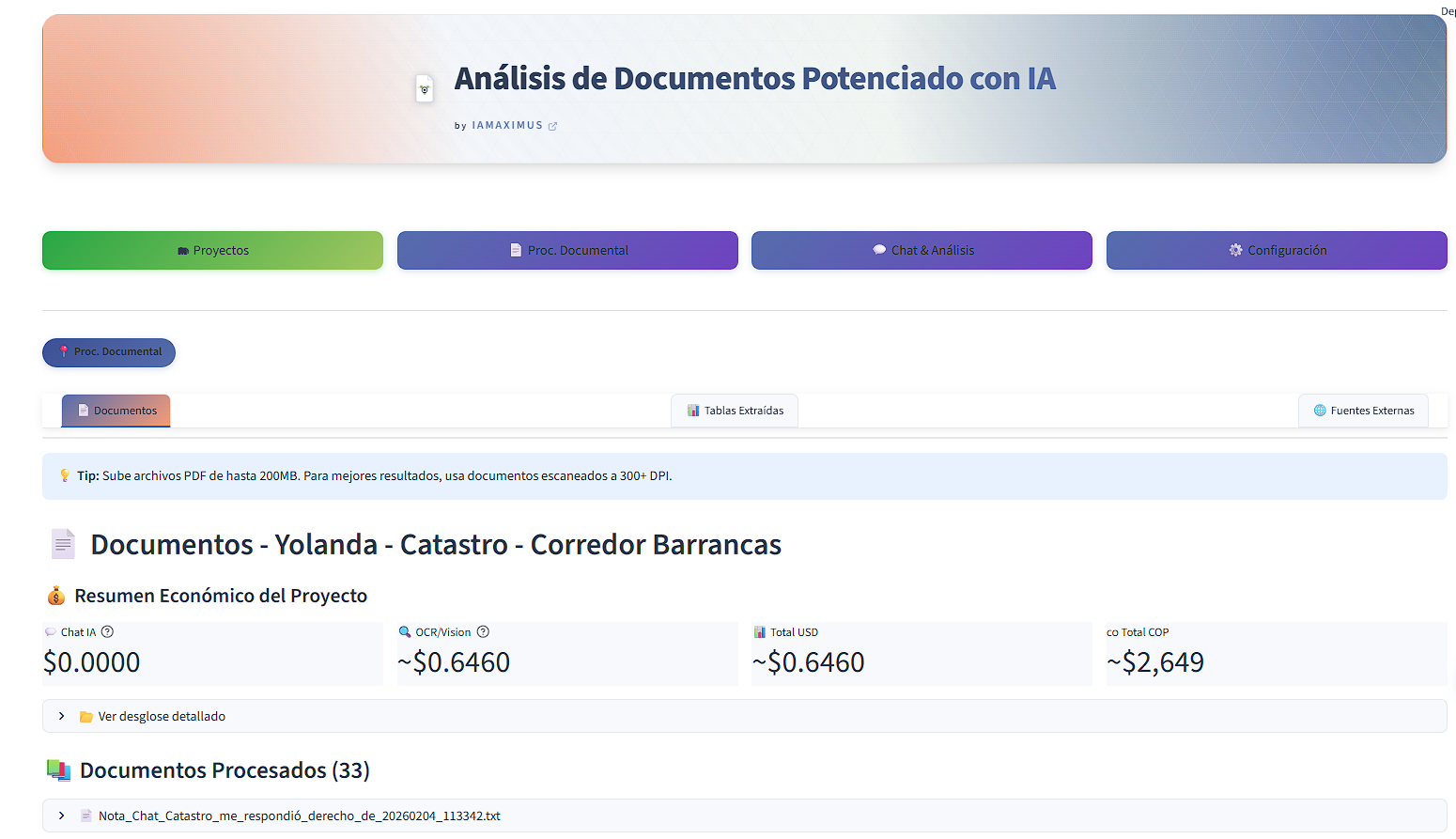 Lista completa de documentos del proyecto con detalles de páginas, chunks y fecha de carga